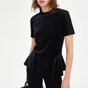 ZARA Trafaluc Black Velvet Peplum Top Short Sleeves with Lace / Size Small
